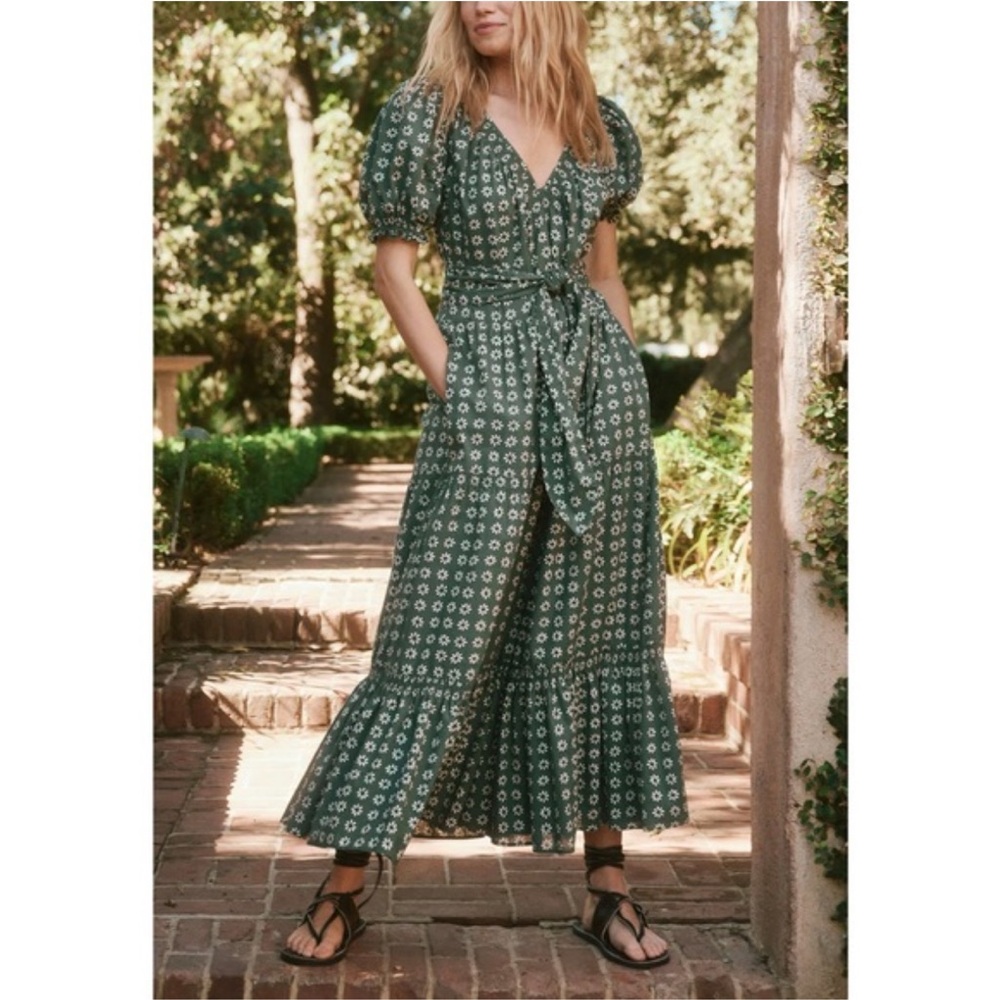 THE GREAT. Green Floral Maxi Dress with Puff Sleeves
